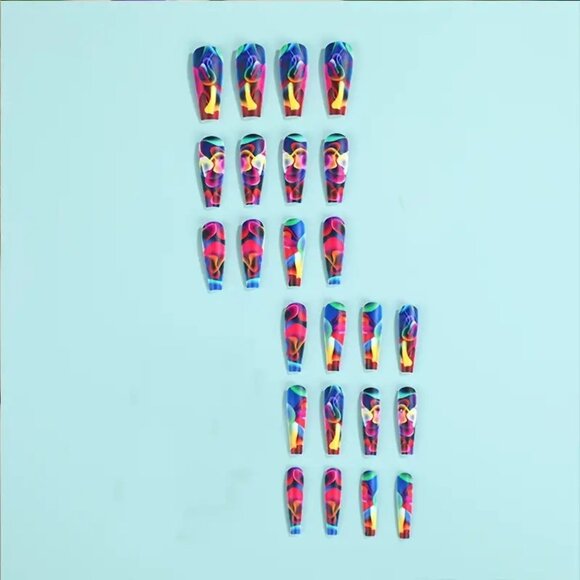 Nails Trippy Bright Swirls Press On 24 Stylish Glam Flame Sexy Colorful Trendy - Picture 2 of 5